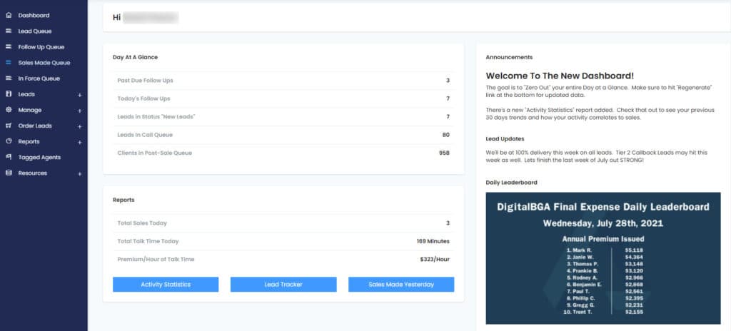The DigitalBGA life insurance telesales CRM dashboard